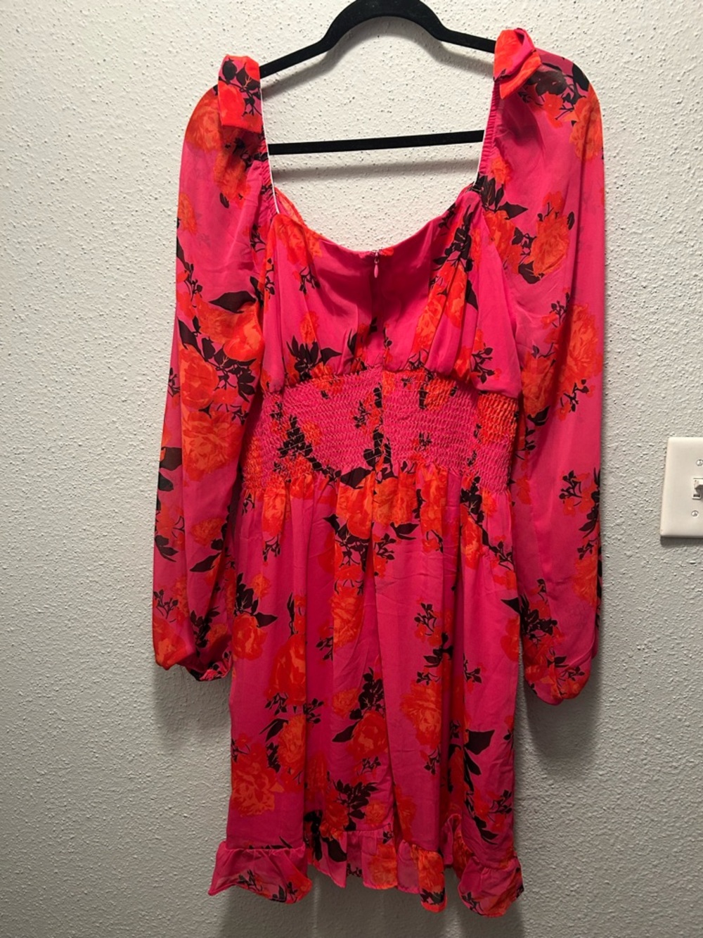 Betsey Johnson Hot Pink Floral Ruffled Neck Mini Dress